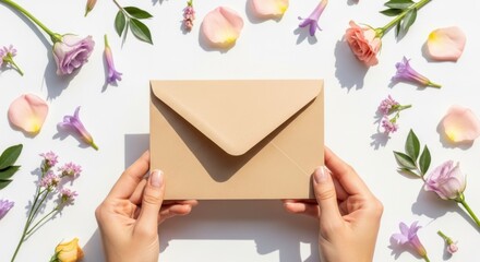 Obraz premium Mother's day minimal poster with hands holding envelope and flowers