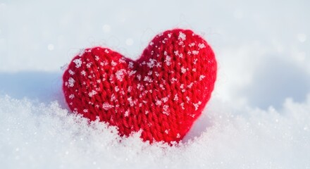Red knitted heart on snow background