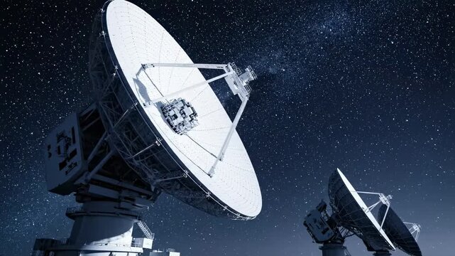 Two large radio telescopes stand under a dark, star-filled night sky, angled towards the heavens, symbolizing humanity's quest for knowledge, interstellar communication, and astronomical discovery.