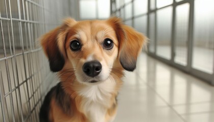 Naklejka na ściany i meble Adorable puppy in animal shelter, waiting for adoption and looking for a loving home.