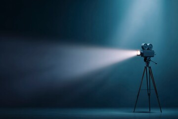 Classic movie camera with spotlight on dark background