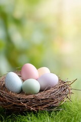 Colorful speckled Easter eggs in a natural nest