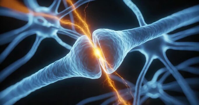 Neurons firing with electrical impulses in human brain synapse