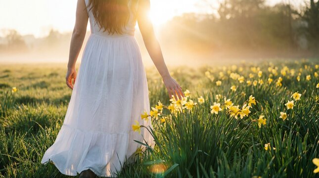 Woman in white dress walking through spring field with daffodils . Spring equinox