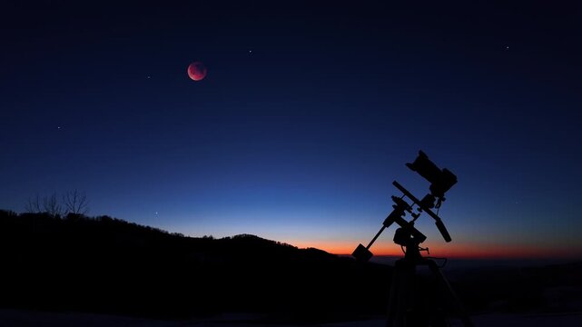Amateur astrophotography equipment with camera, tripod star-tracker for photographing stars, planets and Moon eclipse.