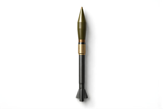 Top-Down Flat Lay of Rocket-Propelled Grenade Round Isolated on White