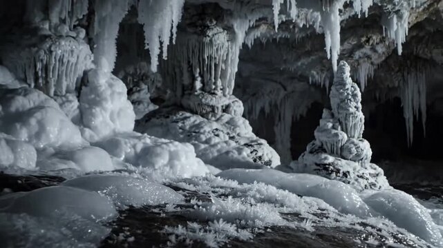 Subterranean Frozen Landscape Wide shot revealing vast cave chambers completely adorned with glistening micro crystal frost, creating an otherworldly, untouched environment.