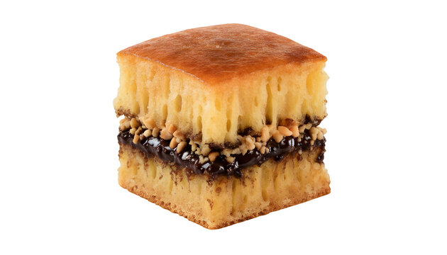 Thick slice of Martabak Manis showing honeycomb texture layered with chocolate.