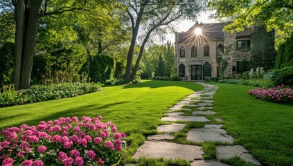 Fototapeta premium Elegant stone house with sun rays over its roof, featuring a winding garden path, lush green lawn, and blooming pink flowers on a bright day.