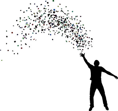 Silhouette of a person reaching for a burst of colorful confetti