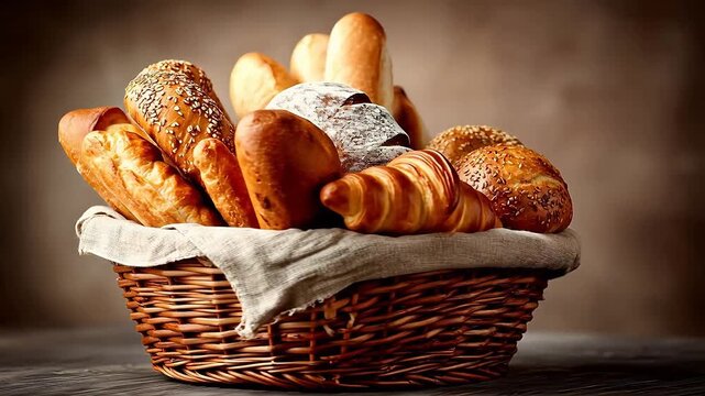 Wicker basket overflowing with assorted fresh breads baguettes croissants and bagels shows golden brown crusts against beige background.