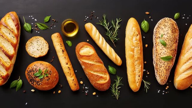 Top view pan across assorted artisan breads with herbs and olive oil on dark slate background