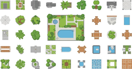 A collection of pixel art top down views of trees buildings and landscapes © PROMA