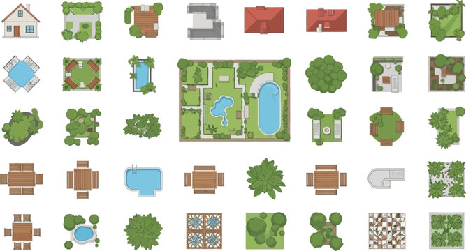 An assortment of pixel art landscape elements and garden features displayed overhead