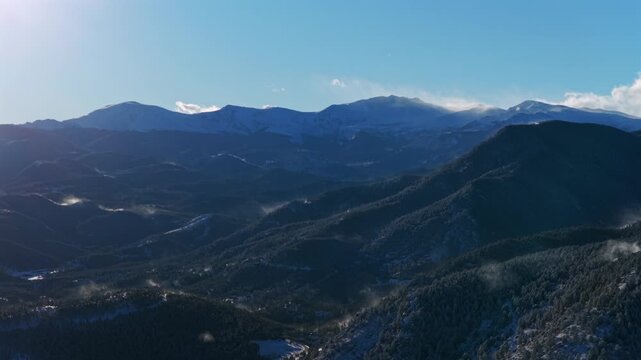 Winter windy snow covered Mount Blue Sky Mt Evans Evergreen Colorado aerial drone sunny blue Front Range Rocky Mountains Witter Gulch Troutdale Village Upper Bear Creek Road Chief Mountain circle left