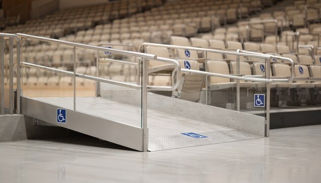 Close view of accessible ramp and seating section in an indoor arena spotlighting inclusive architecture with the rest of the seating softly blurred.
