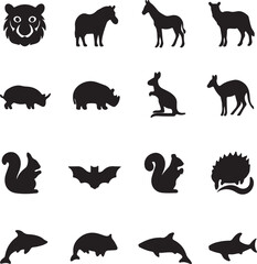 Wild Animal Silhouette Vector Icon Set &ndash; Black Solid Mammals, Birds & Sea Animals
 Isolated on White Background