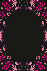 Black Background Pink Purple Floral Border Frame Feminine Botanical Design