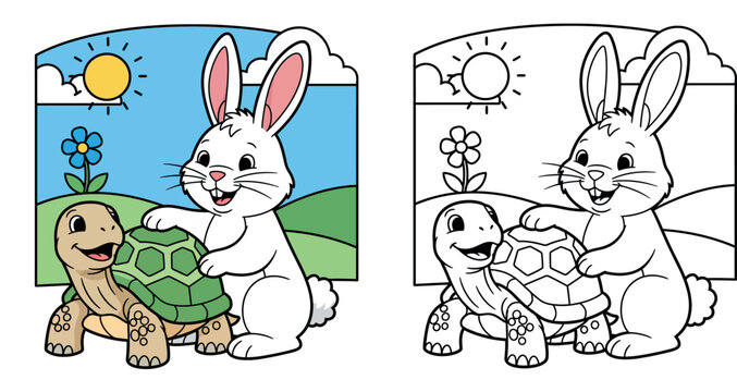 Cute cartoon rabbit and tortoise smiling together in sunny nature, happy bunny and turtle friends illustration for kids, funny fable characters interacting.
