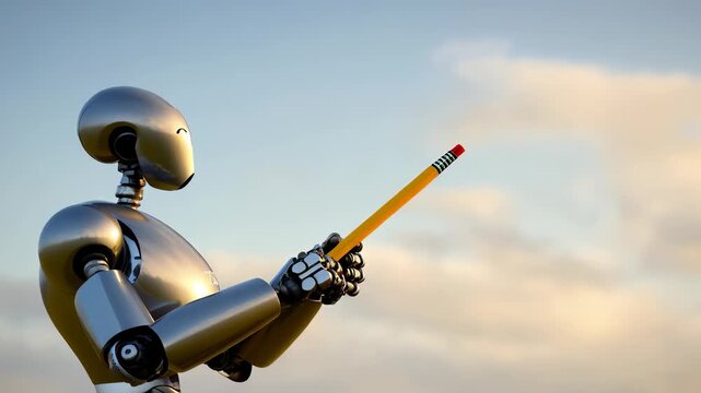 Robot Holding Pencil Against Sky