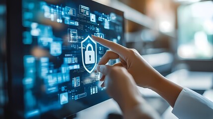 Human finger interacts directly with glowing digital interface displaying data protection symbols