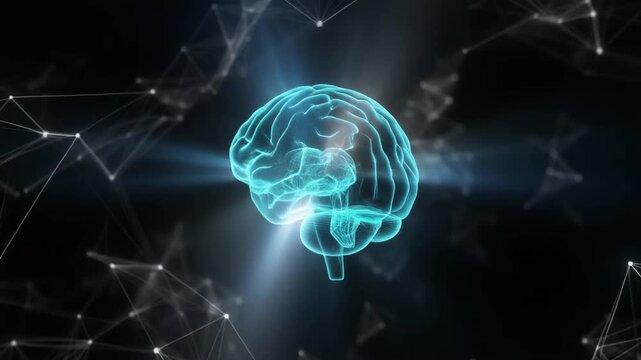A neon blue brain illustration surrounded by a network of interconnected nodes and lines against a dark background