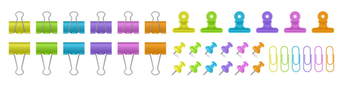 Set of multicolored binder clips, bulldog clips and paper clips. Yellow, green, blue, purple, pink, and orange colors. Neon shades