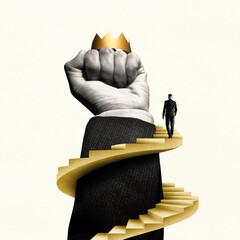A businessman climbs a spiral staircase that wraps around a fist with a crown.
