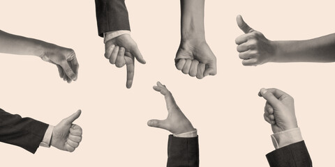 Set of hands showing different gestures and signs in newspaper retro style with halftone effect.