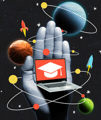Hand holding open laptop with graduation hat icon. Around it planets in their orbits and paper rocket models. Creative collage poster on dark space background.