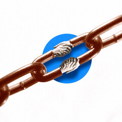 Steel chain, part of one link replaced with human strong handshakes, as a symbol of strong reliable relationships, agreement, salvation.