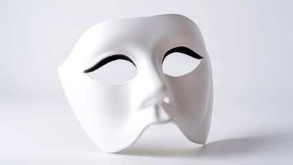 A smooth white theater mask with hollow eye holes and stylized black eyeliner. Concept Theater mask, White mask, Hollow eye holes, Stylized black eyeliner, Stage makeup