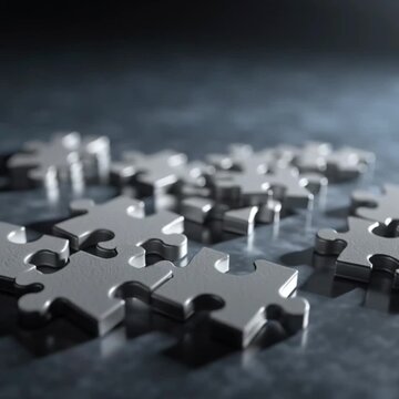 3D rendered shiny plain puzzle pieces falling and stacking on smooth surface refection business composition