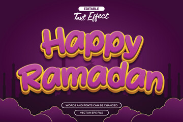 Happy ramadan editable text effect with cartoon text style and with silhouette of the mosque in the background