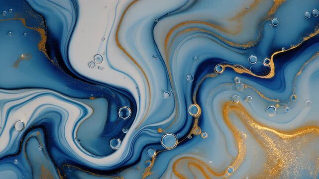 Swirling abstract art with fluid shapes, gold accents, and blue hues in a mesmerizing pattern from a close-up viewpoint