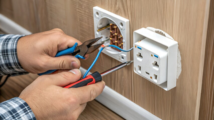 Home Electrical Repair &ndash; Hands Fixing Wall Socket Wiring with Tools and Conduit on Wooden Surface