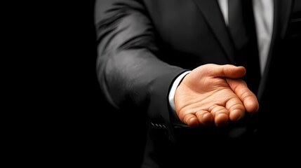 Businessman extends open palm forward against a dark background