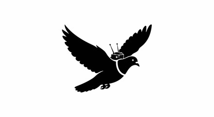 Obraz premium Silhouette of a bird with a small device on its back, flying with wings spread.