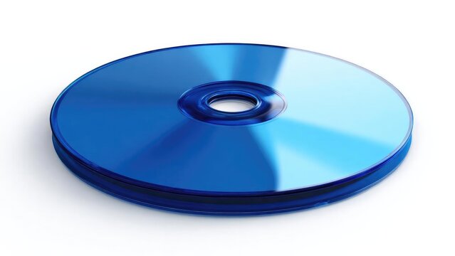 A blue optical disc lying flat on a white background. Concept Blue optical disc, flat lay, white background, tech product, minimalist photography