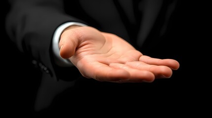 Fototapeta premium Business person extends an open palm forward against a dark background