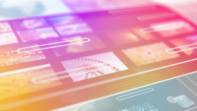 Colorful digital dashboard with multiple media thumbnails and interface elements, symbolizing social media content management, creative platforms, video production, and modern digital communication.
