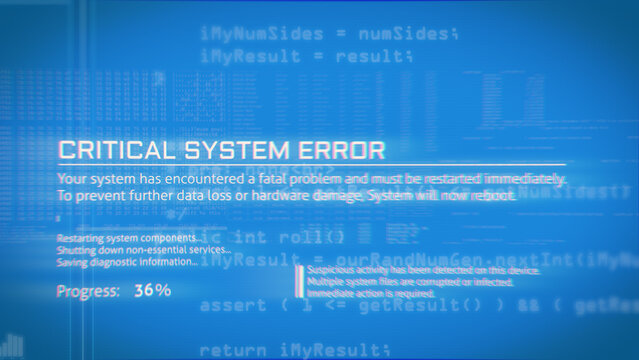 Blue error screen showing critical system failure message with progress indicator, representing software crashes, system instability, technical failure, and emergency reboot scenarios in digital