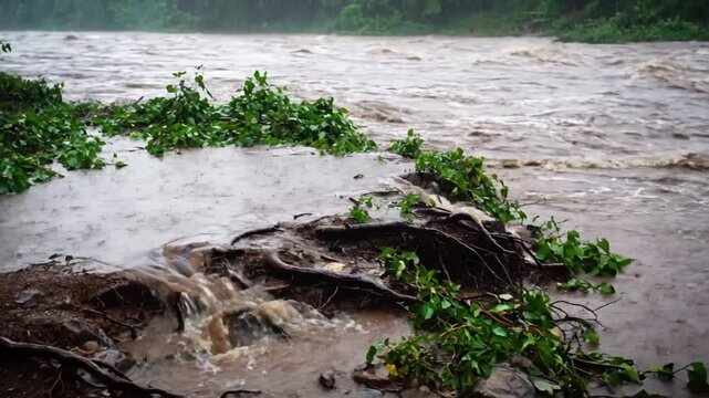 Swelling Riverbank Immersion Medium shot showcasing the powerful, muddy river water slowly but steadily encroaching upon and submerging the lower section of a grassy and rocky riverbank, creating a