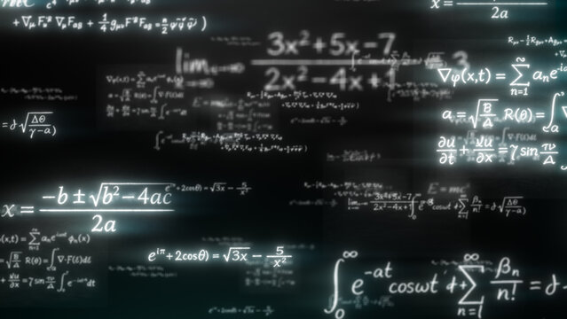 Floating mathematical formulas and equations on dark background symbolizing science, education, analytics, problem solving, physics concepts and intellectual research.