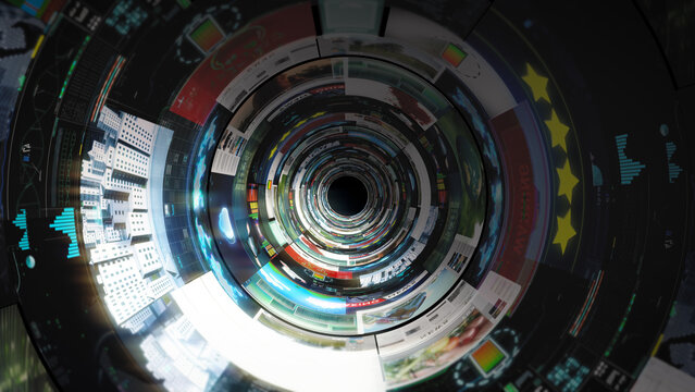 Abstract digital vortex of screens and data streams illustrating internet overload, social media dynamics, virtual information flow and immersive technology environment.