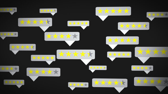 Dark-themed star rating bubbles scattered in depth represent online customer feedback, satisfaction analysis, reputation management, and review systems in digital marketplaces.