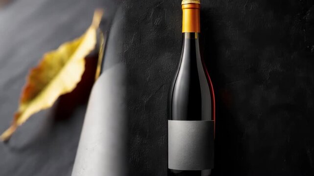 Slow push in on red wine bottle with blank label on dark slate background and drifting autumn leaf