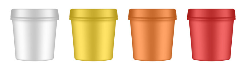 MobilSet of plastic ice cream tubs. Vector mockup of a food packaging. White, yellow, orange, and red jars. Yoghurt container. Plastic Bucket