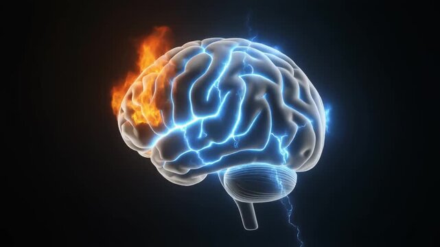 A glowing blue brain with a fiery section on the left, showcasing the contrast between activity and calmness, on a dark background from a front viewpoint