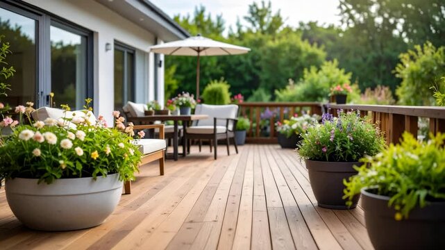 Bright modern wooden deck with comfortable seating, umbrella, and potted flowering plants